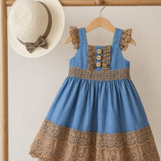 Girls' Denim Lace Dress with Sun Hat