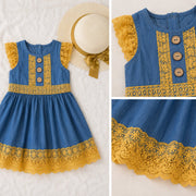 Girls' Denim Lace Dress with Sun Hat