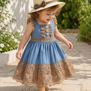 Girls' Denim Lace Dress with Sun Hat