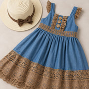 Girls' Denim Lace Dress with Sun Hat
