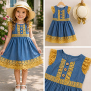 Girls' Denim Lace Dress with Sun Hat